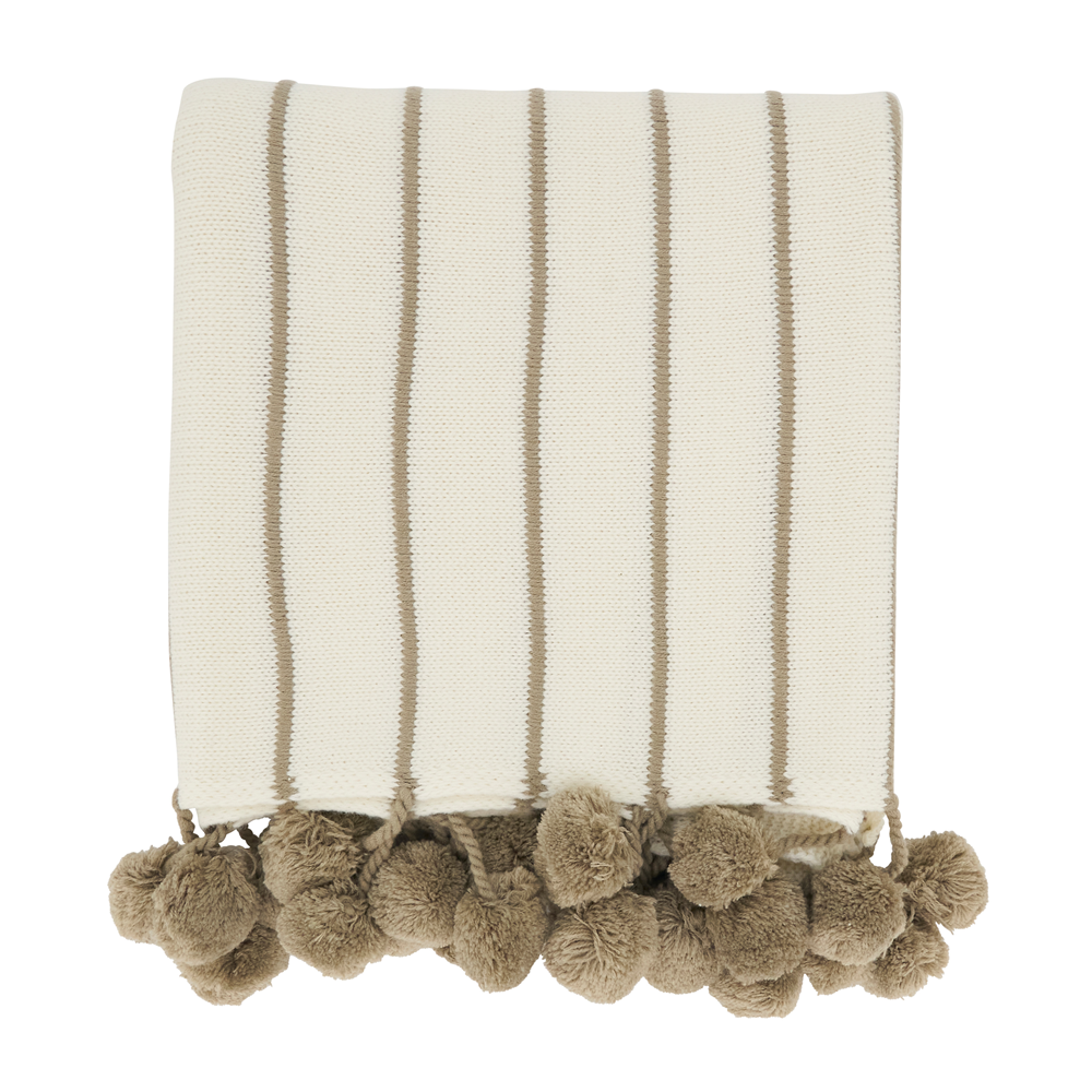 Ivory Pom Pom Striped Woven Throw Blanket - 50x60