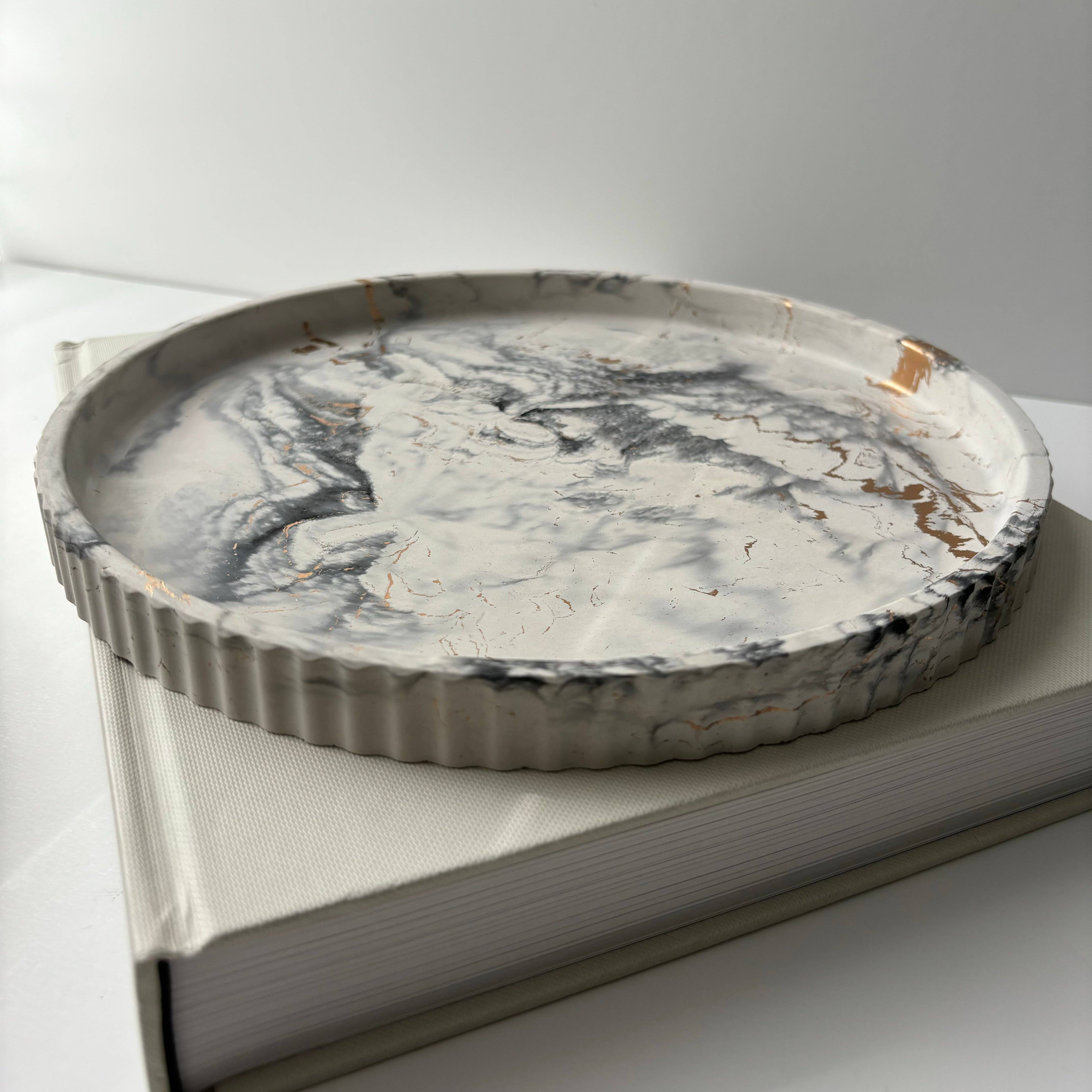 Grey Marbled Round Handmade Concrete Fluted Tray