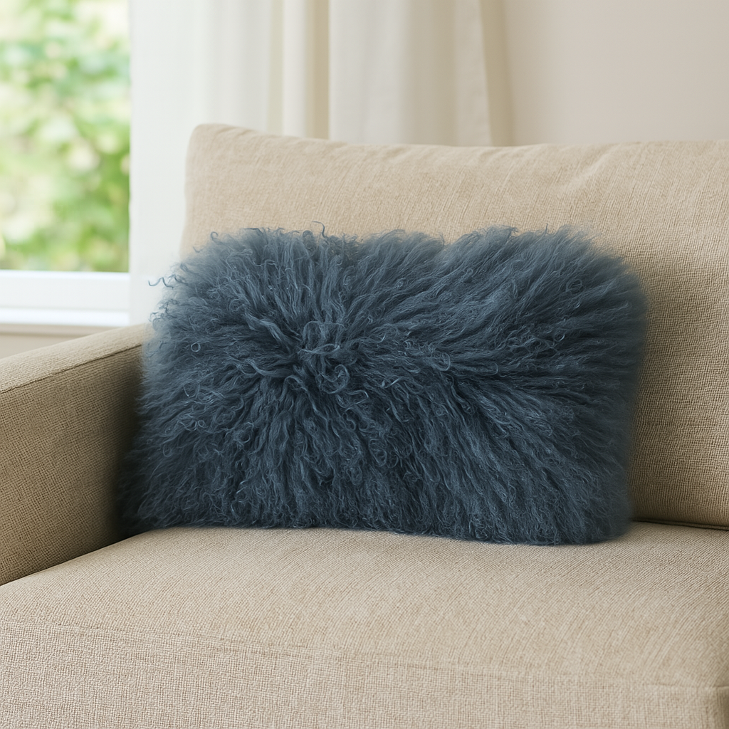 Blue-Grey Mongolian Wool Fur Throw Pillow - 12x20