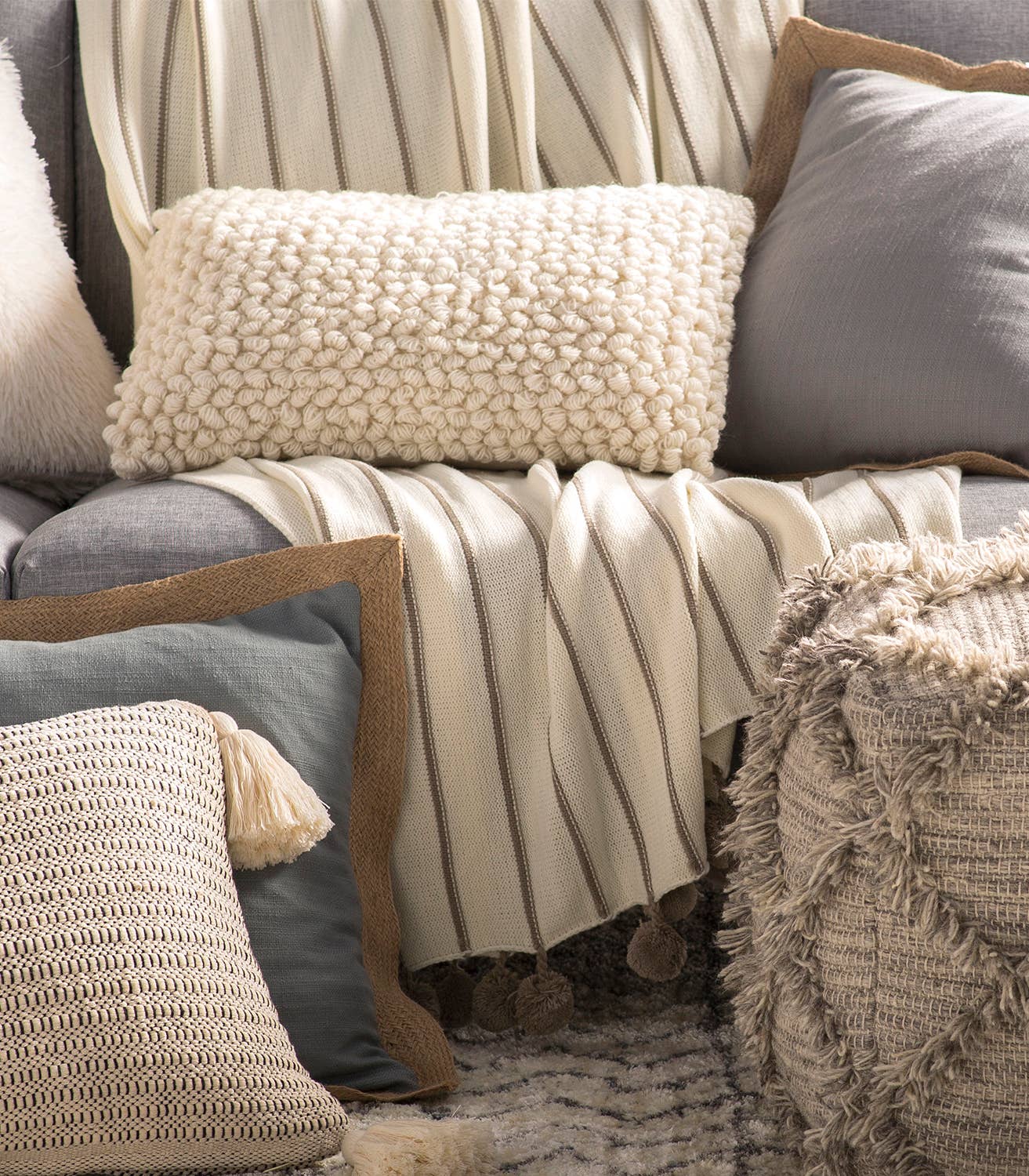 Ivory Pom Pom Striped Woven Throw Blanket - 50x60