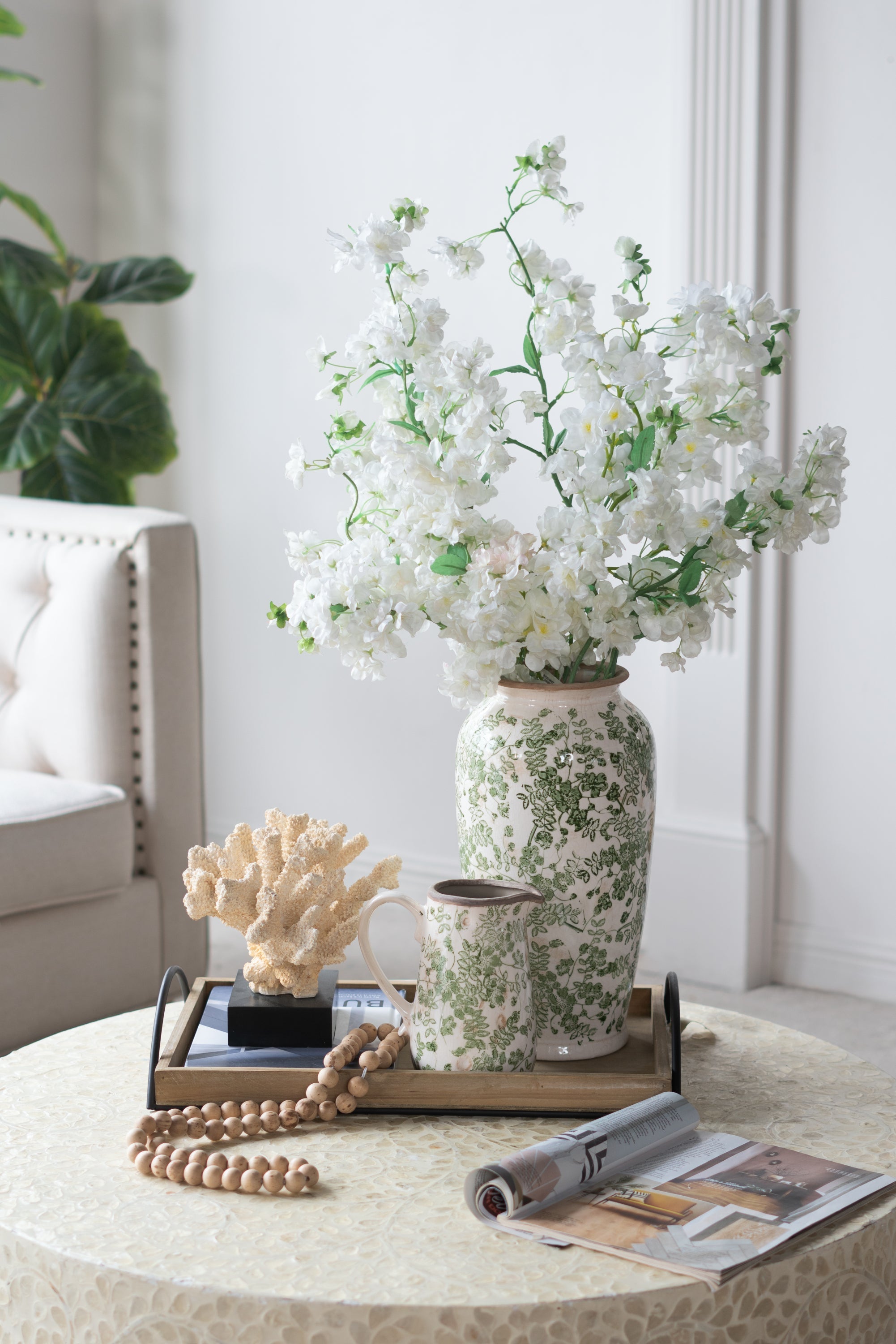 Ceramic Vase with Green Floral Pattern