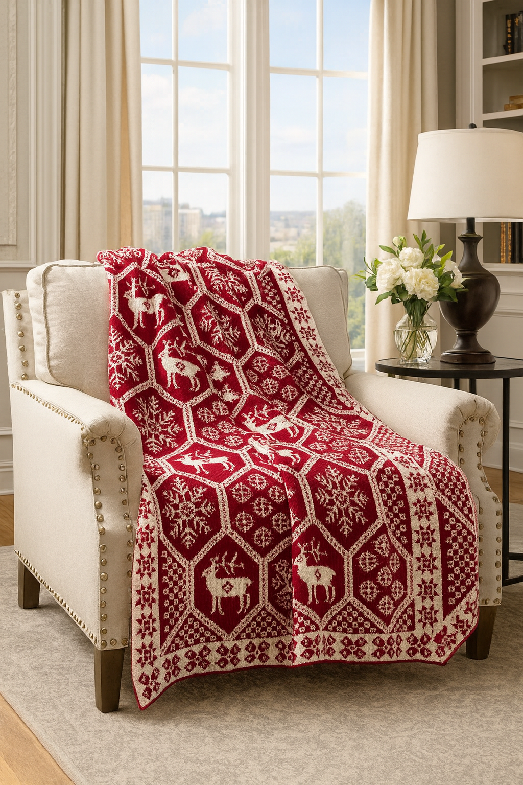 Knitted Red-White Festive Christmas Throw Blanket 50x60