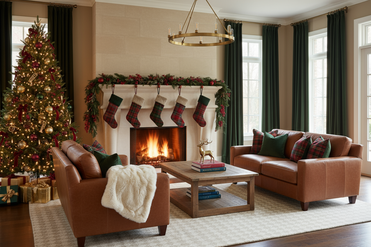 christmas with modern living room with 2 cognac love seats, a fireplace and a christmas tree featuring ralph lauren decor trend
