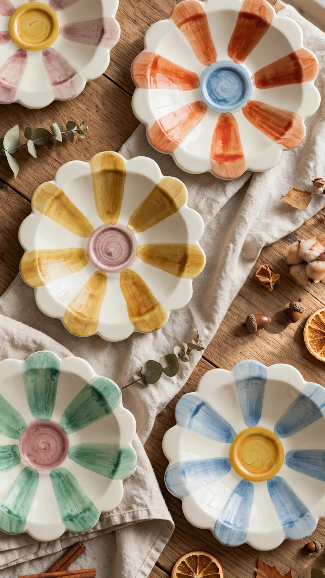 Handmade Ceramic Flower Bowl with Yellow Hand Painted Stripes