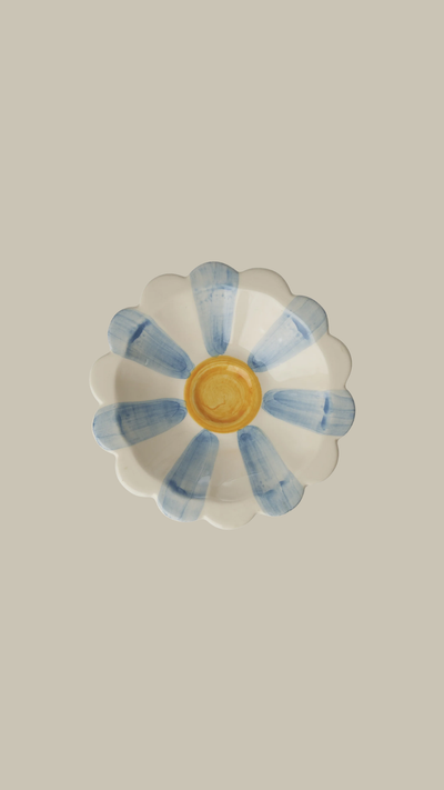 Handmade Ceramic Flower Bowl with Blue Hand Painted Stripes
