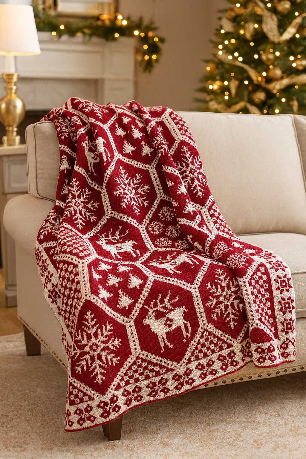Knitted Red-White Festive Christmas Throw Blanket 50x60