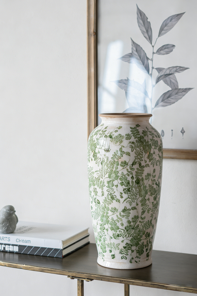 Ceramic Vase with Green Floral Pattern