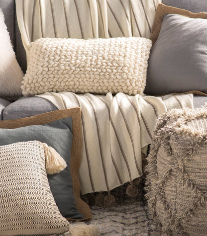 Ivory Pom Pom Striped Woven Throw Blanket - 50x60
