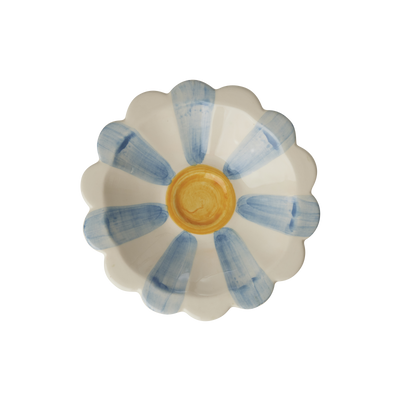 Handmade Ceramic Flower Bowl with Blue Hand Painted Stripes