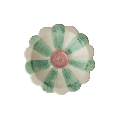 Handmade Ceramic Flower Bowl with Green Hand Painted Stripes