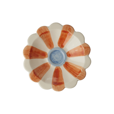 Handmade Ceramic Flower Bowl with Orange Hand Painted Stripes