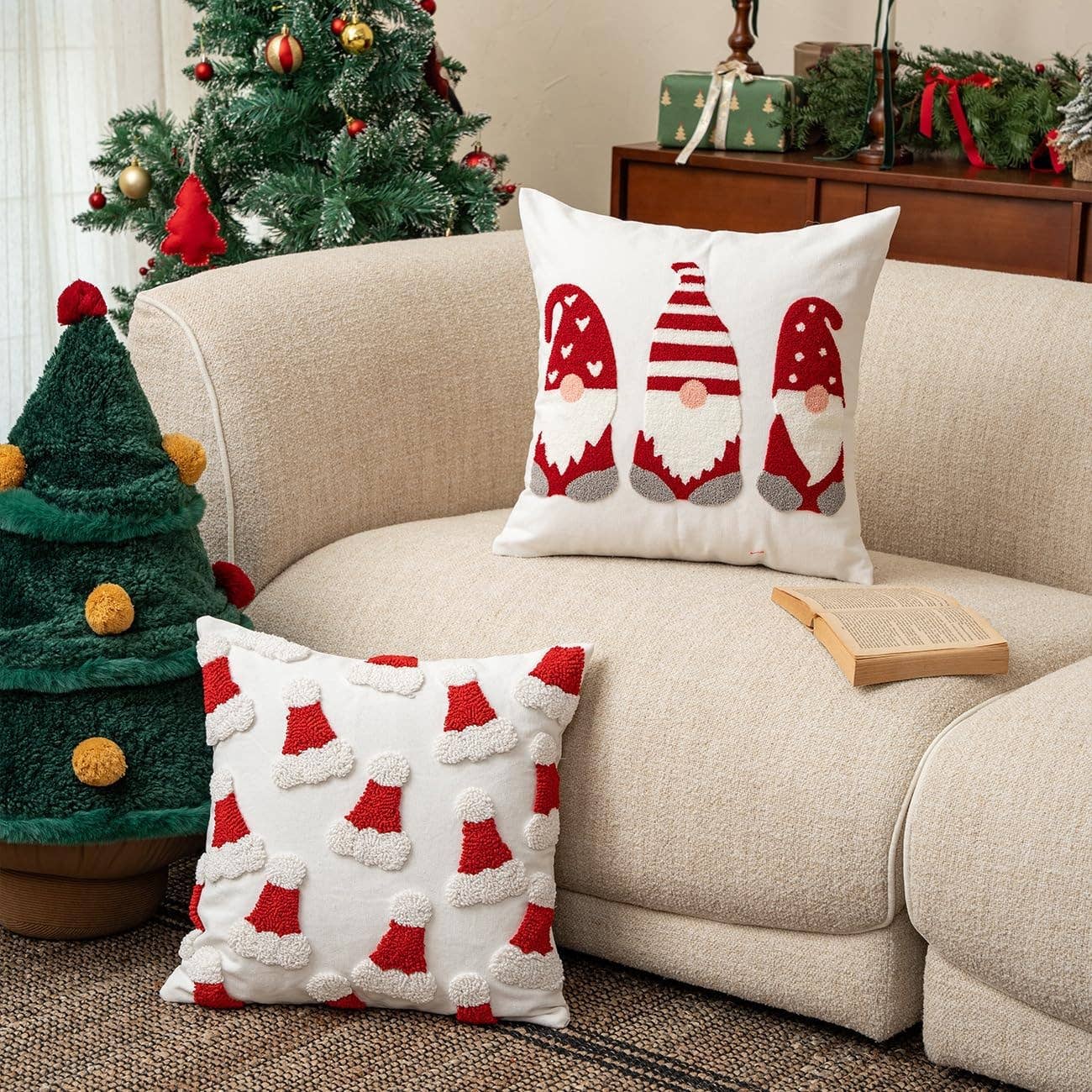 Embroidered Santa Hats Throw Pillow  18x18