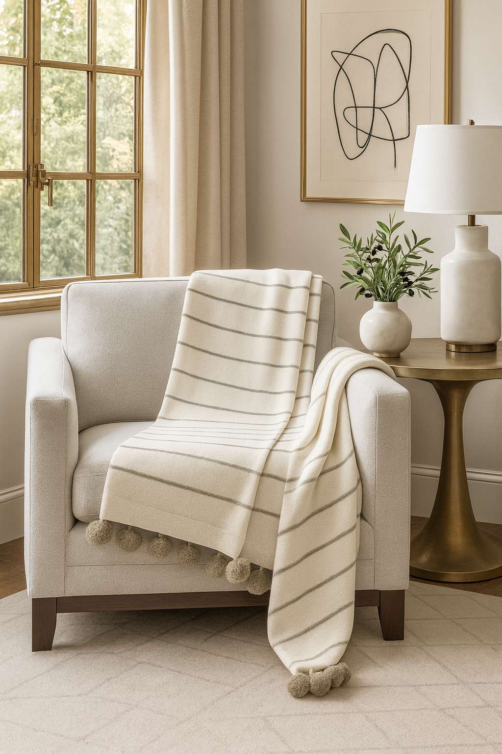Ivory Pom Pom Striped Woven Throw Blanket - 50x60
