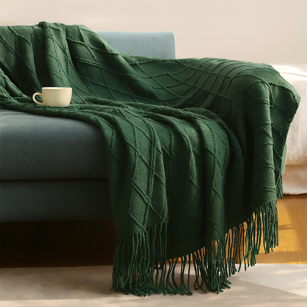 Dark Green Rhombus Diamond Knit Throw Blanket -  50x60