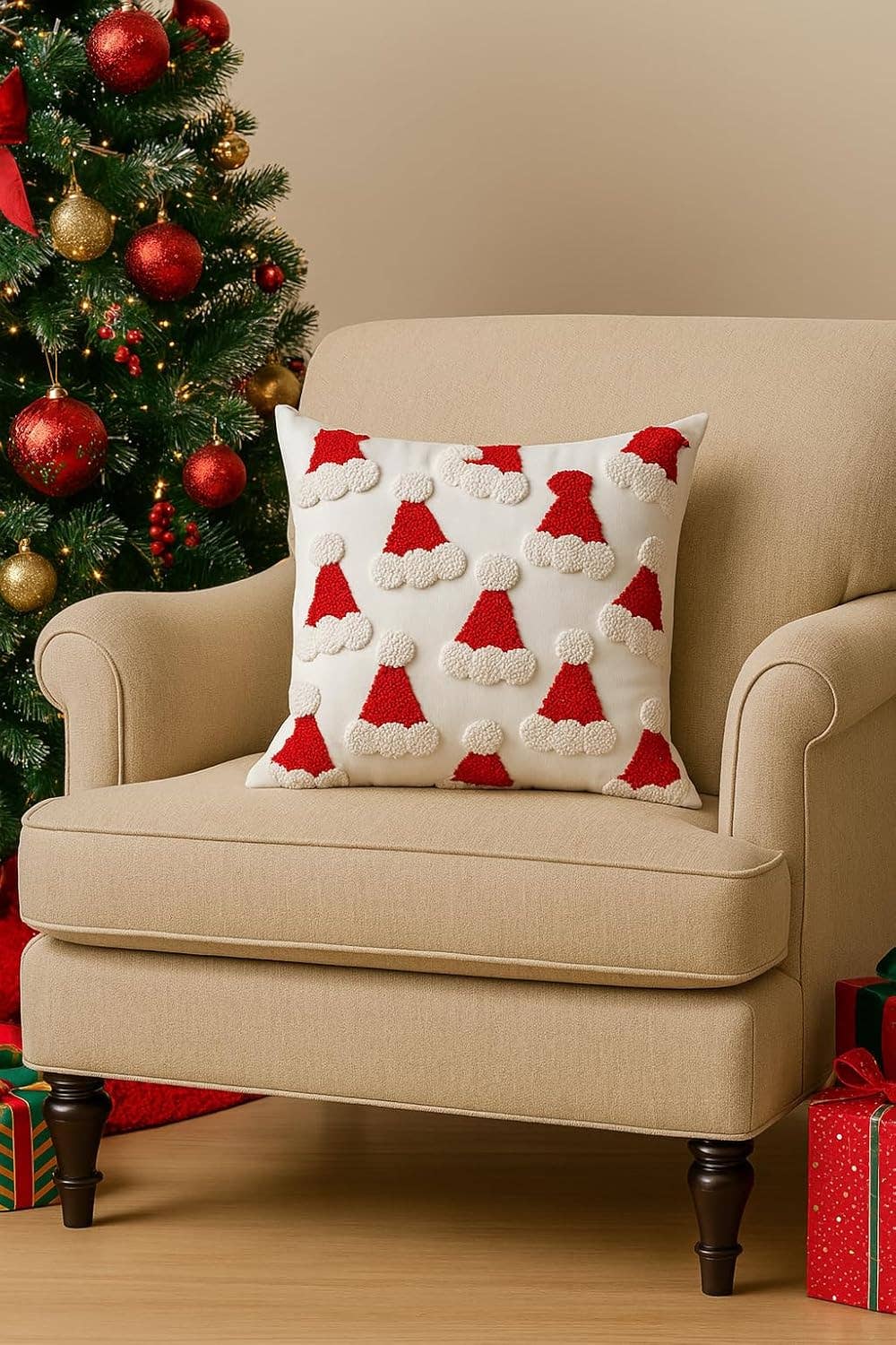 Embroidered Santa Hats Throw Pillow  18x18