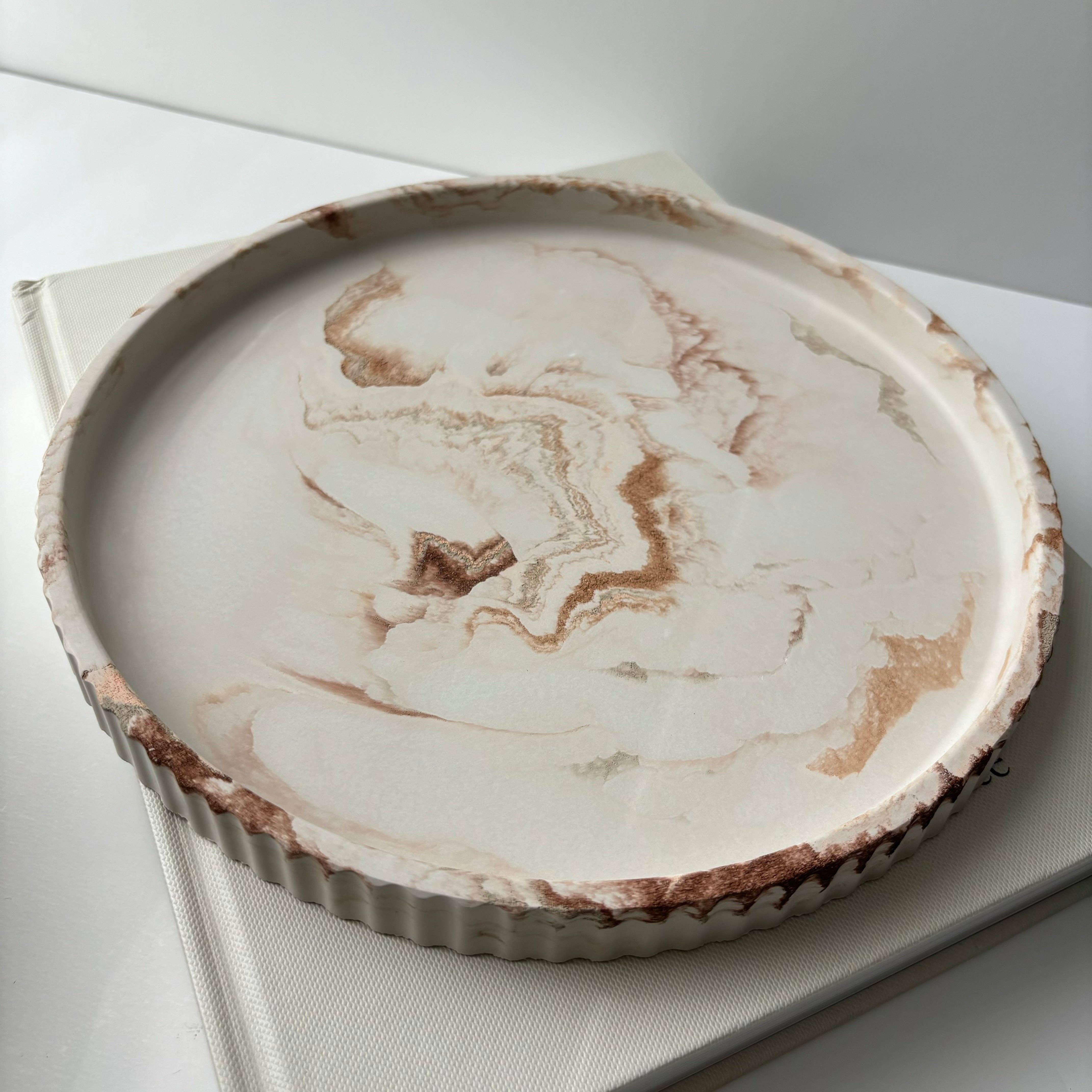 Gold Marbled Round Handmade Concrete Fluted Tray