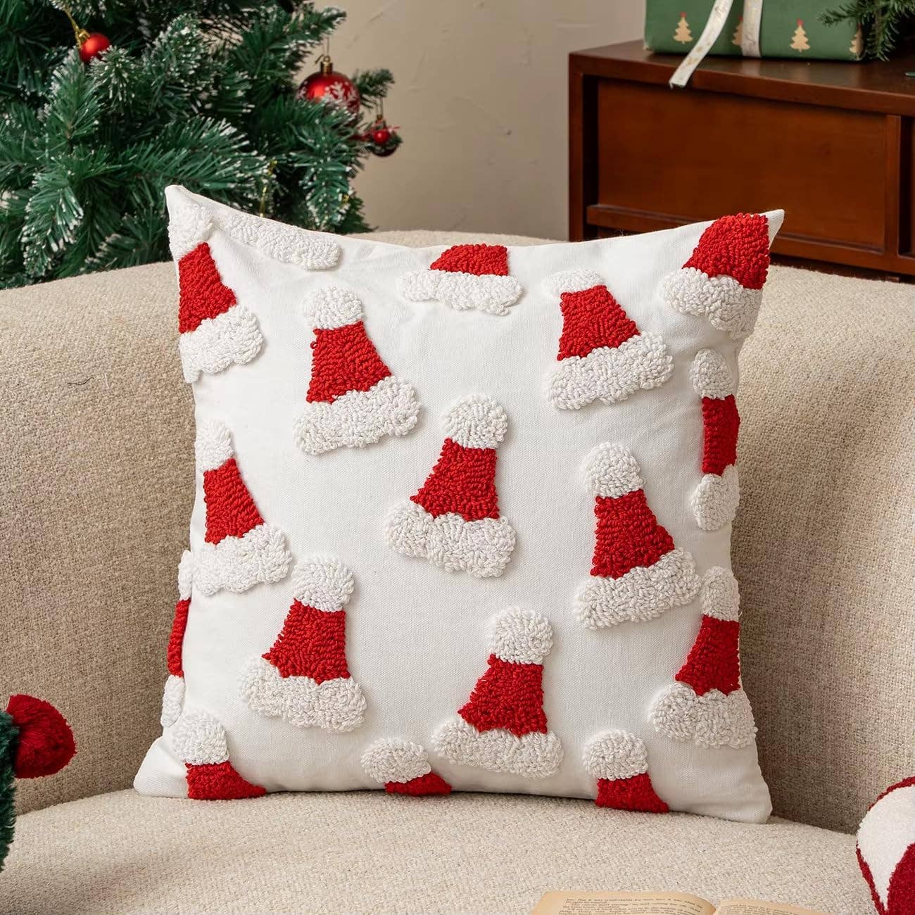 Embroidered Santa Hats Throw Pillow  18x18