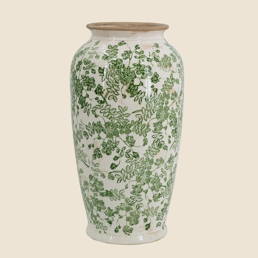 Ceramic Vase with Green Floral Pattern