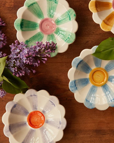 Handmade Ceramic Flower Bowl with Pink Hand Painted Stripes