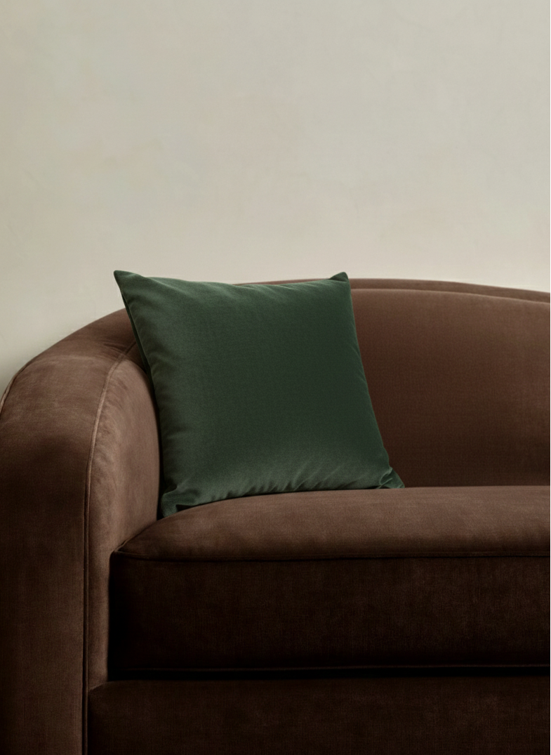 Brown sofa with a green pillow against a plain wall